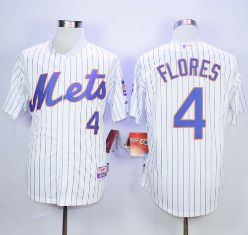 Mets #4 Wilmer Flores White(Blue Strip) Home Cool Base Stitched MLB Jersey - Click Image to Close